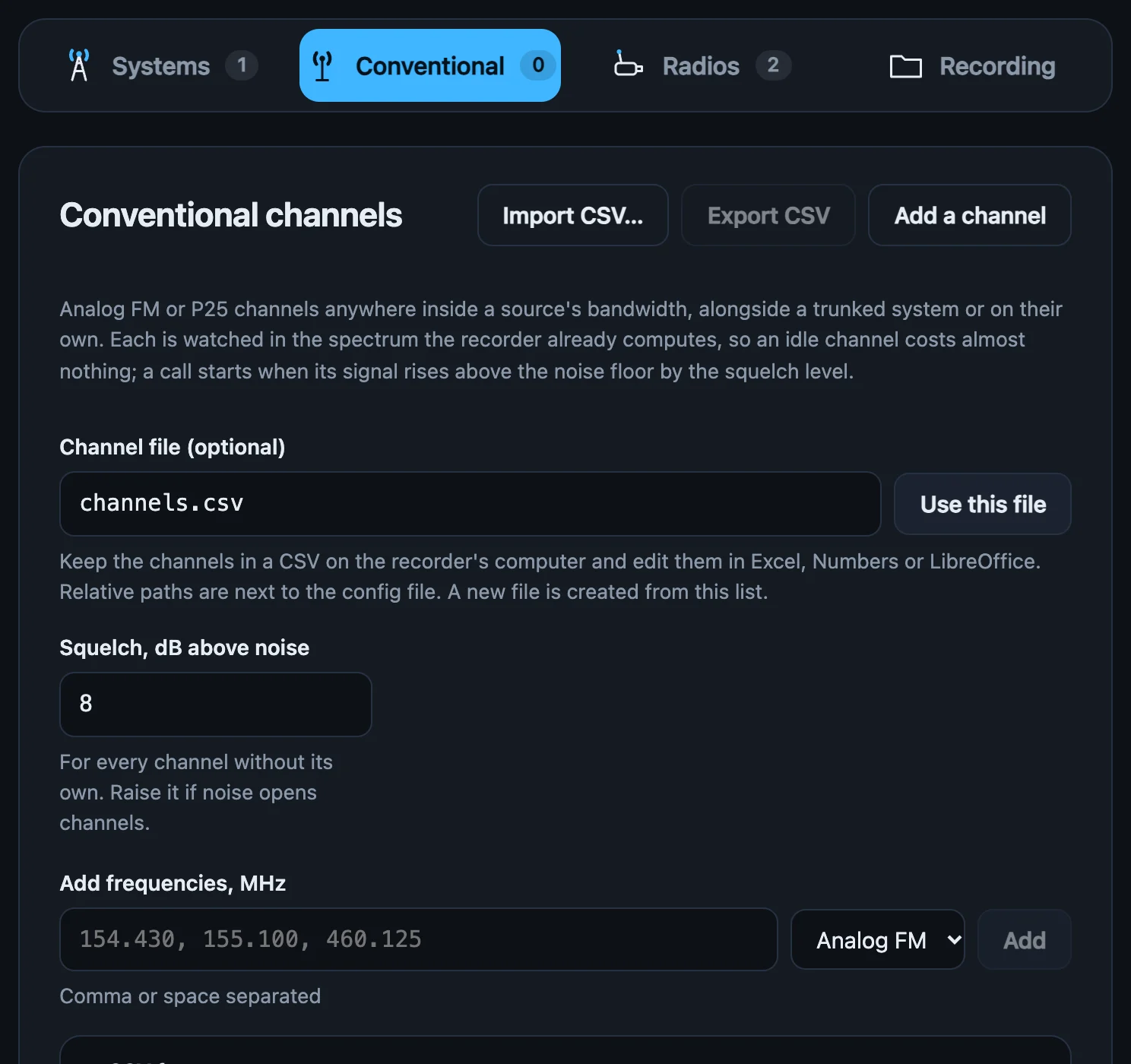 The Conventional tab: import and export CSV, a linked channel file, squelch in dB above noise, and a box for adding frequencies as analog FM, P25 or DMR.