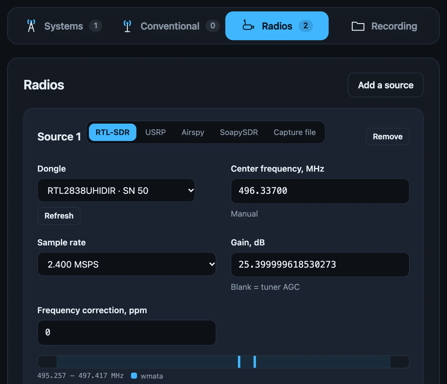 The Radios tab: two RTL-SDR sources with center frequency, sample rate, gain and ppm, each with a bar showing which configured channels fall inside it.
